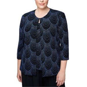 Alex Evenings Black with Blue Pattern Top and Sequins